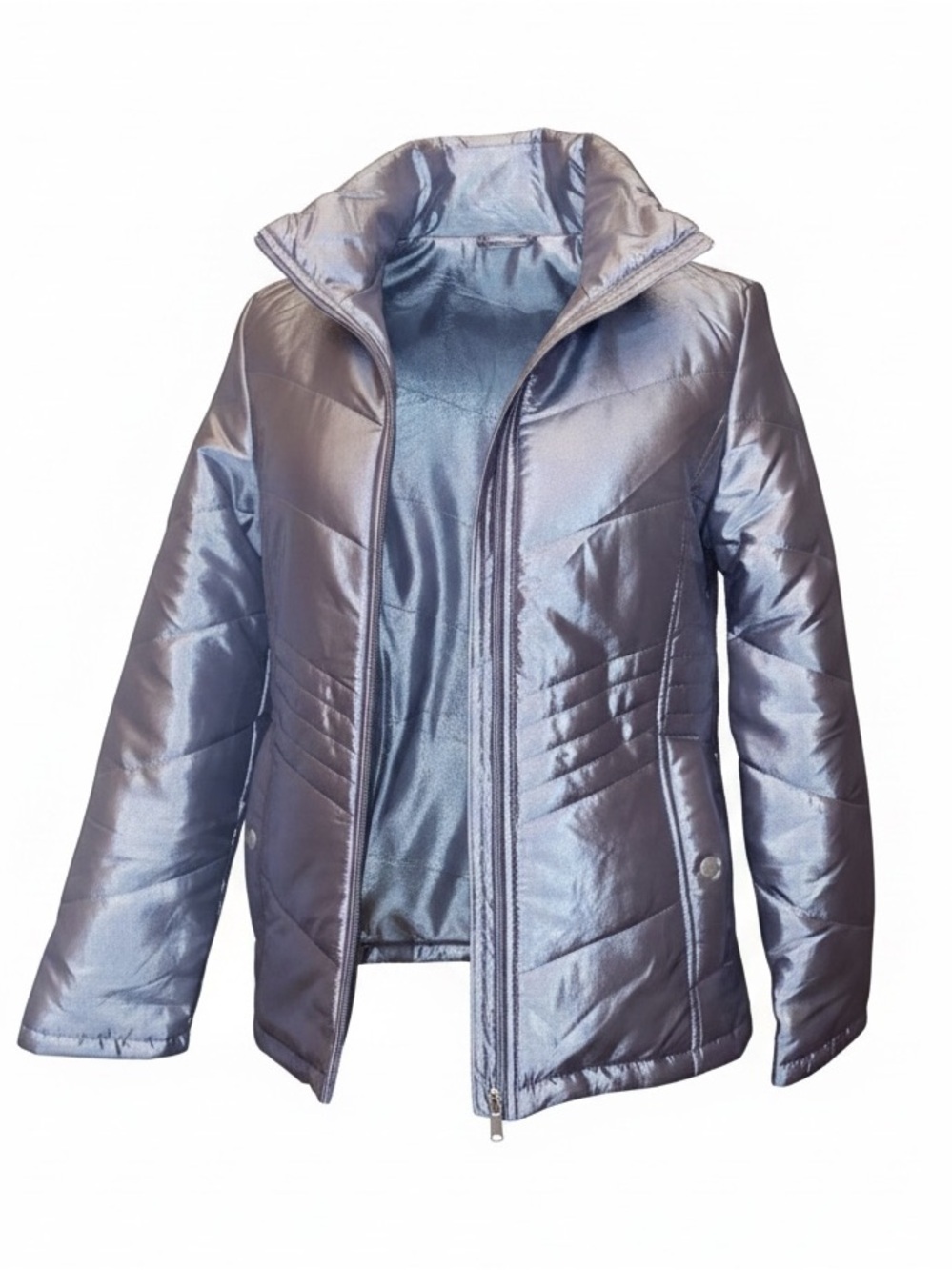 JANE ASHLEY NWT Chevron Quilted Puffer Jacket Pewter/Silver Metallic Size Small